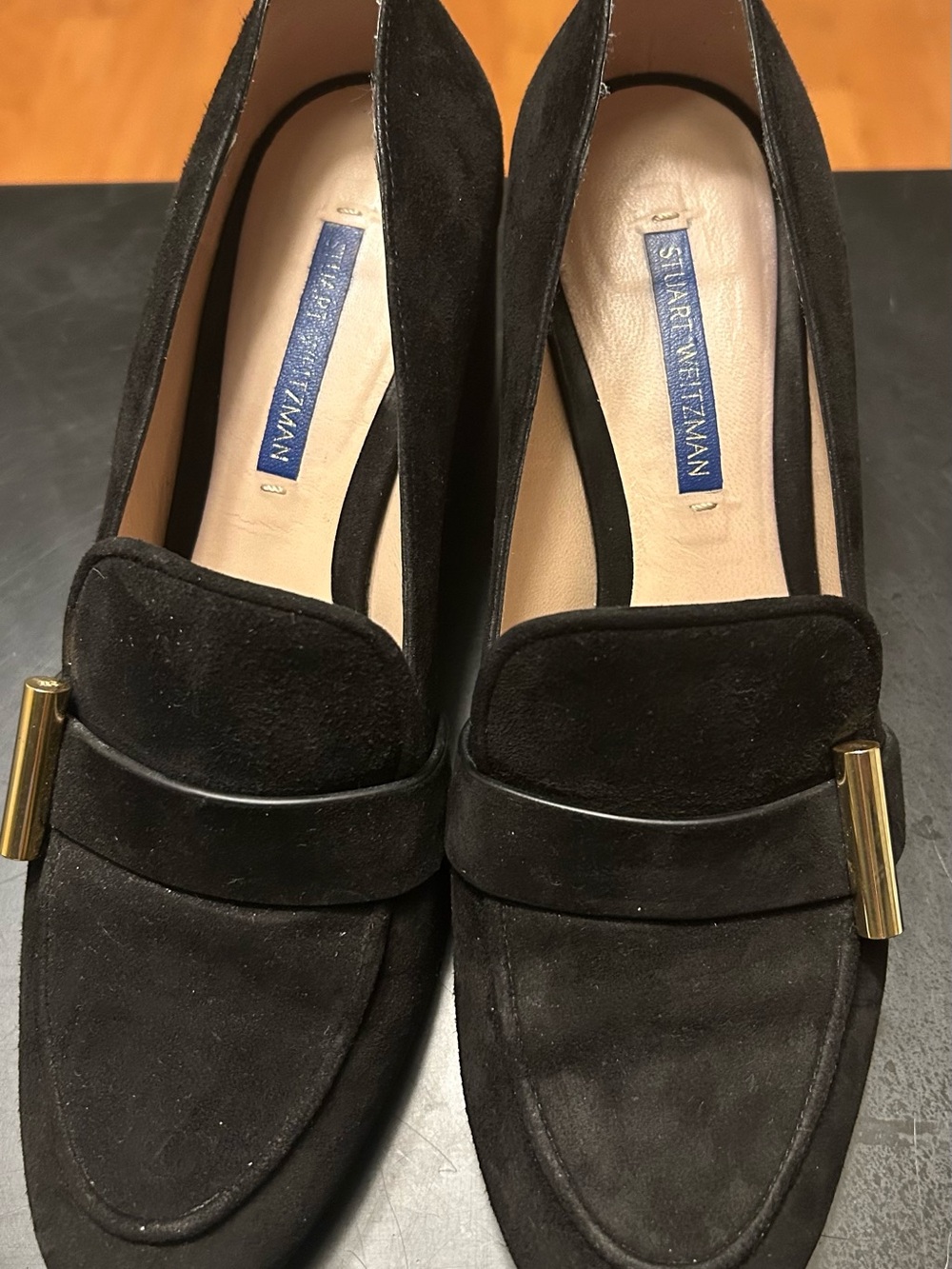 Designer Stuart Weitzman Black Suede Loafers with Gold Hardware